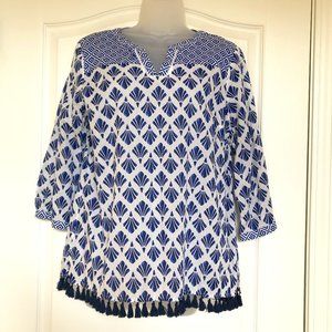 Talbots Beach Dress Long Sleeve White Blue Flinge | Boho Beach Cover up Size Lp